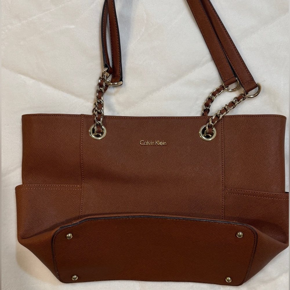 Calvin Klein Chestnut Brown Chain-Accent Tote